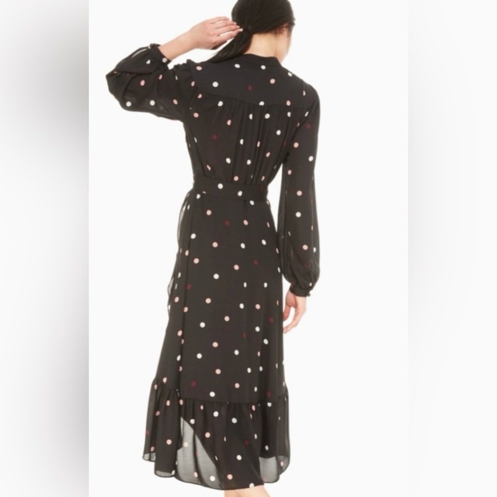 Kate Spade Long Sleeve Bakery Dot Midi Wrap Dress Black w Pink & White Polka Dot - Picture 8 of 8